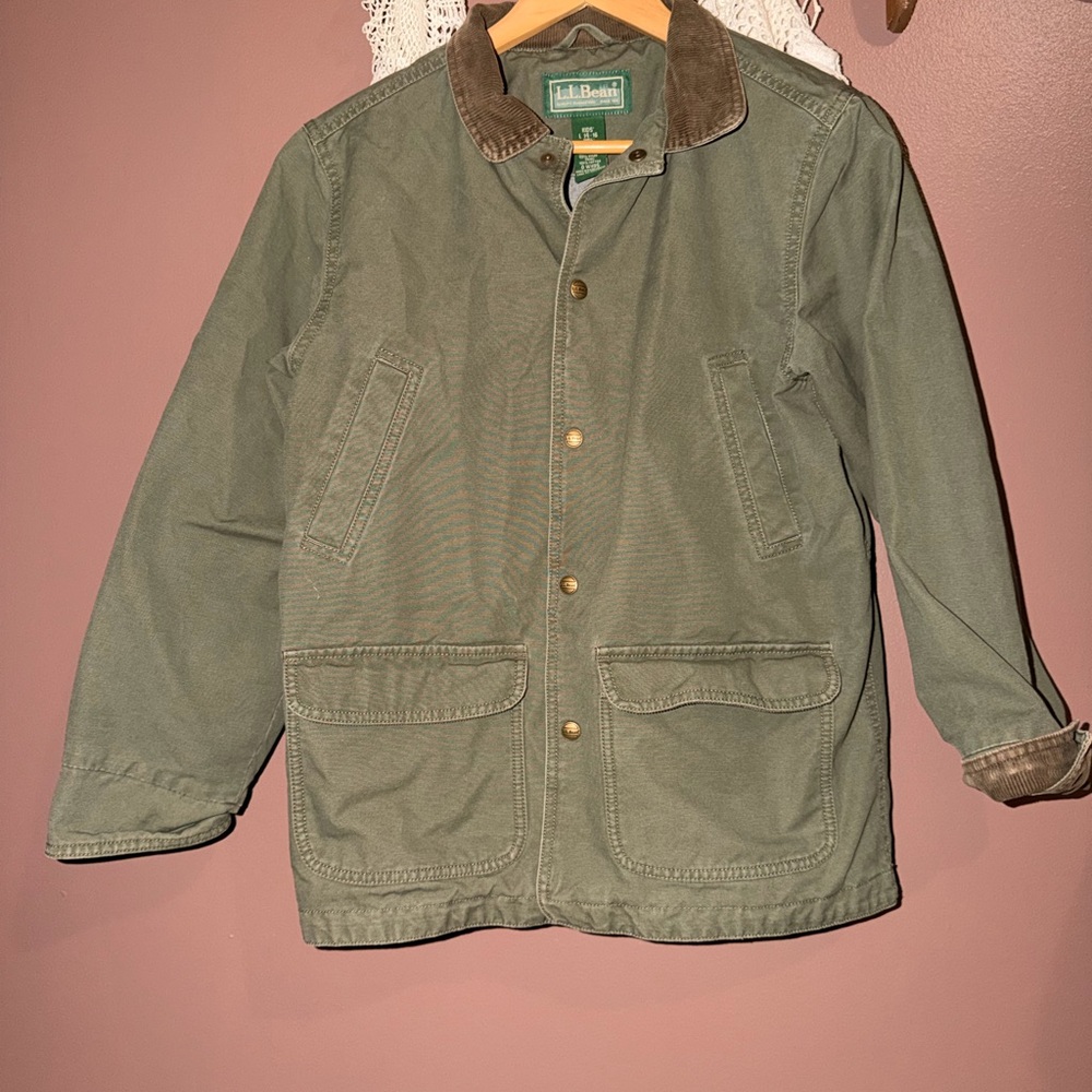 Vintage L.L. Bean Barn Chore Olive Jacket with Brown Corduroy Trim